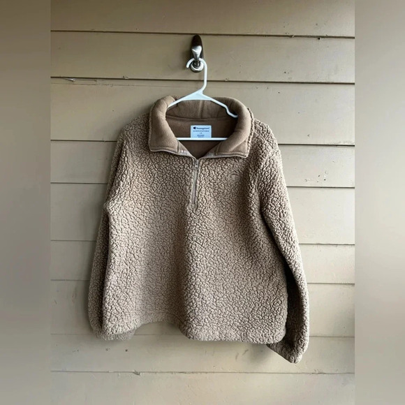 Champion Fleece 3/4 Zip Turtleneck Sweater - Size L - Beige, Neutral, Winter - Picture 1 of 5